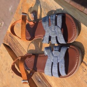 TOMS | Zoe Chambray Denim Straps Brown Suede Leather Sandals Size 8